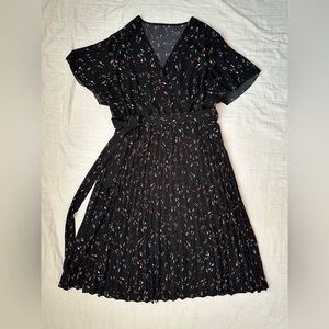 Black midi dress with cream & rust pattern